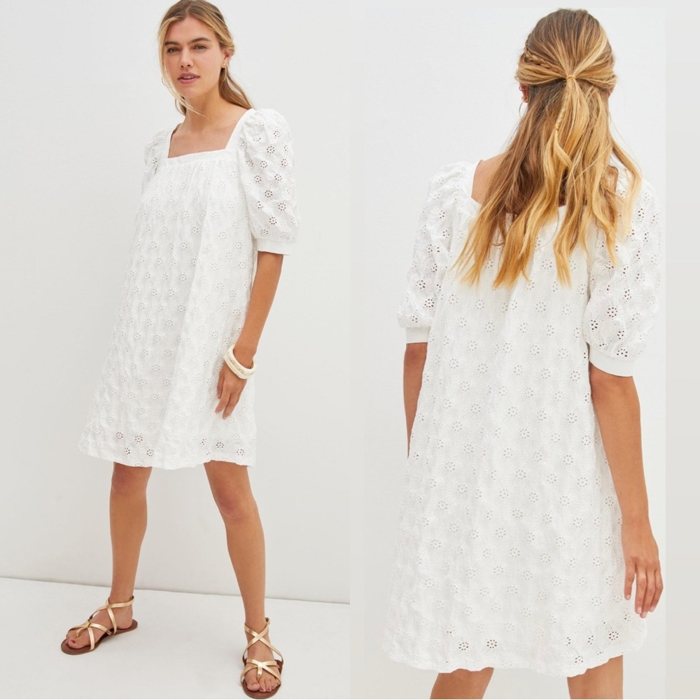 MAEVE Puff Sleeve Eyelet Mini Dress in White - XS